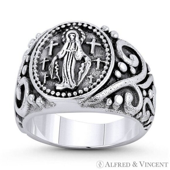 Men Mary Ring - Etsy Virgin Mary Cross Charm Signet-Style Men\'s Ring in .925 Sterling Silver - Sz. 8